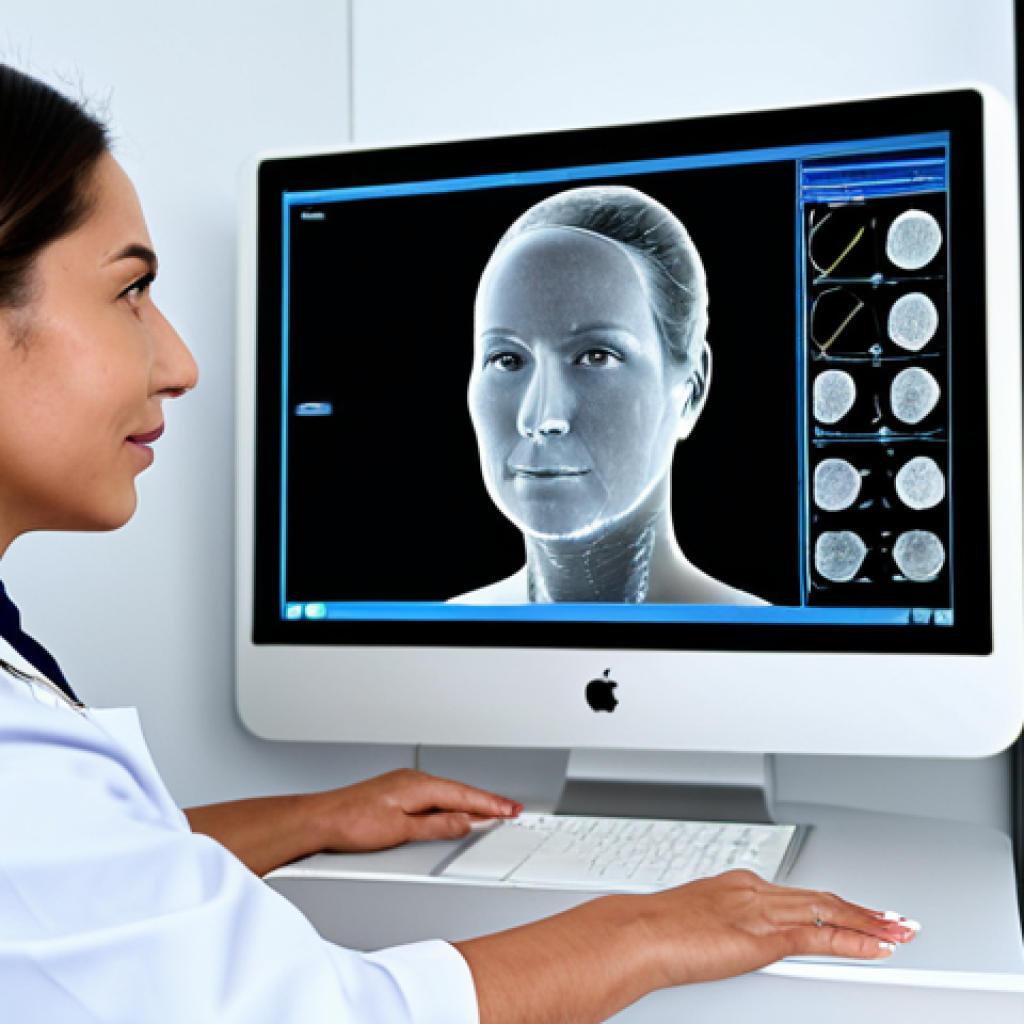 A professional female dermatologist, fully clothed in a modest lab coat, is explaining advanced 3D facial mapping data to a female patient, who is also fully clothed in appropriate, elegant attire. They are in a pristine, modern dermatology clinic with state-of-the-art diagnostic equipment, bathed in soft, natural light. The large screen displays detailed skin analysis and predictive models. The image emphasizes personalized care and cutting-edge technology. Perfect anatomy, correct proportions, natural pose, well-formed hands, proper finger count. Professional photography, high quality, safe for work, appropriate content, family-friendly.