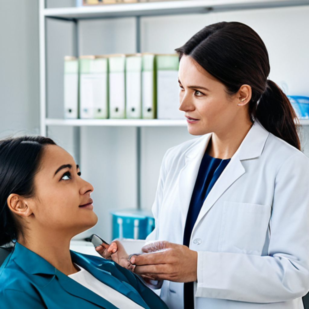 A professional female dermatologist in a clean white lab coat, engaging in a calm and informative discussion with a female patient. The patient is listening attentively, dressed in modest, comfortable clothing. They are seated at a modern medical desk in a brightly lit, sterile clinic room, with a subtle display of advanced aesthetic equipment in the background. The scene emphasizes trust and clear communication. High-resolution, professional photography, natural pose, perfect anatomy, correct proportions, well-formed hands, natural body proportions, safe for work, appropriate content, fully clothed, professional, family-friendly.