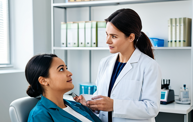 A professional female dermatologist in a clean white lab coat, engaging in a calm and informative discussion with a female patient. The patient is listening attentively, dressed in modest, comfortable clothing. They are seated at a modern medical desk in a brightly lit, sterile clinic room, with a subtle display of advanced aesthetic equipment in the background. The scene emphasizes trust and clear communication. High-resolution, professional photography, natural pose, perfect anatomy, correct proportions, well-formed hands, natural body proportions, safe for work, appropriate content, fully clothed, professional, family-friendly.