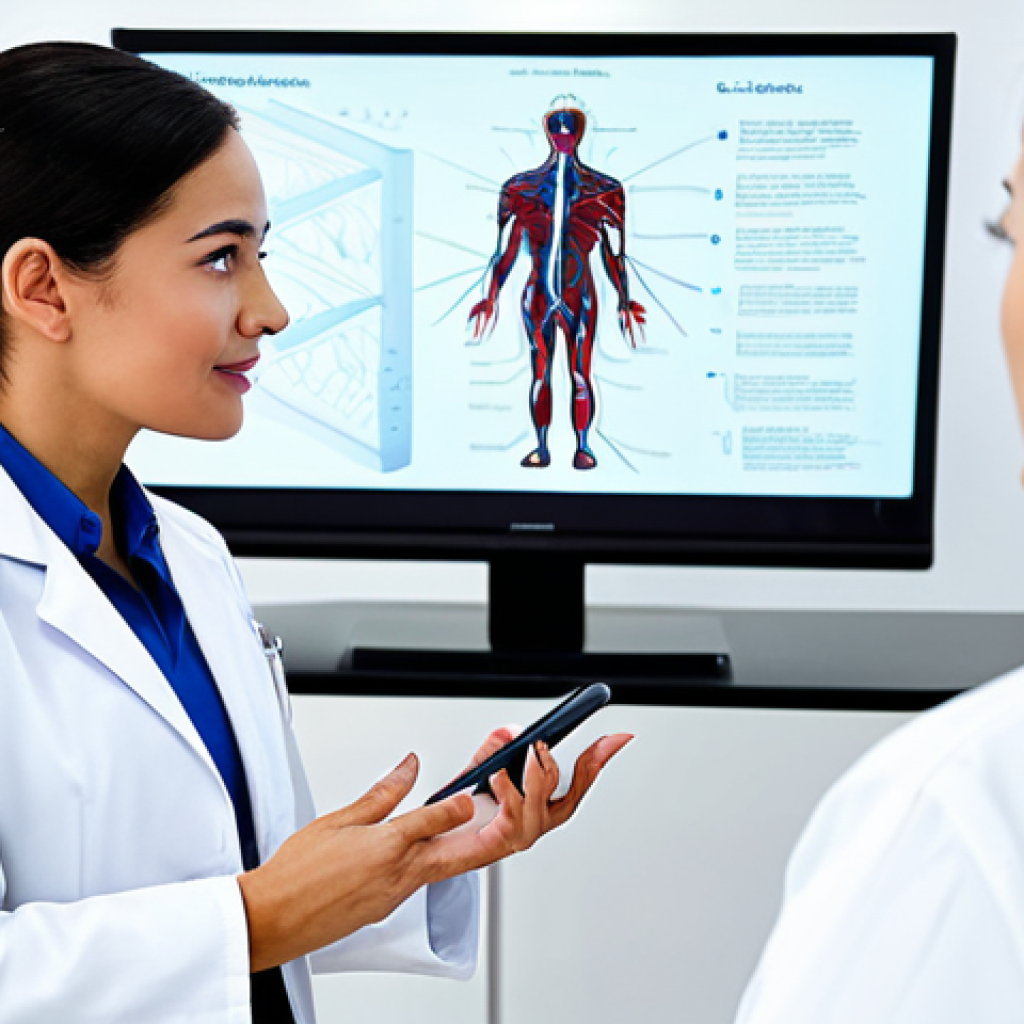 A professional female dermatologist in a clean white lab coat and modest attire, standing beside a modern digital screen displaying an abstract, simplified diagram of vascular structures, explaining the laser treatment process to a female client. The client is seated, fully clothed in appropriate business casual attire, listening attentively in a bright, contemporary clinic room. The scene is well-lit, representing a professional consultation. safe for work, appropriate content, fully clothed, professional, perfect anatomy, correct proportions, natural pose, well-formed hands, proper finger count, natural body proportions, high-quality photography.