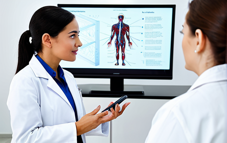 A professional female dermatologist in a clean white lab coat and modest attire, standing beside a modern digital screen displaying an abstract, simplified diagram of vascular structures, explaining the laser treatment process to a female client. The client is seated, fully clothed in appropriate business casual attire, listening attentively in a bright, contemporary clinic room. The scene is well-lit, representing a professional consultation. safe for work, appropriate content, fully clothed, professional, perfect anatomy, correct proportions, natural pose, well-formed hands, proper finger count, natural body proportions, high-quality photography.