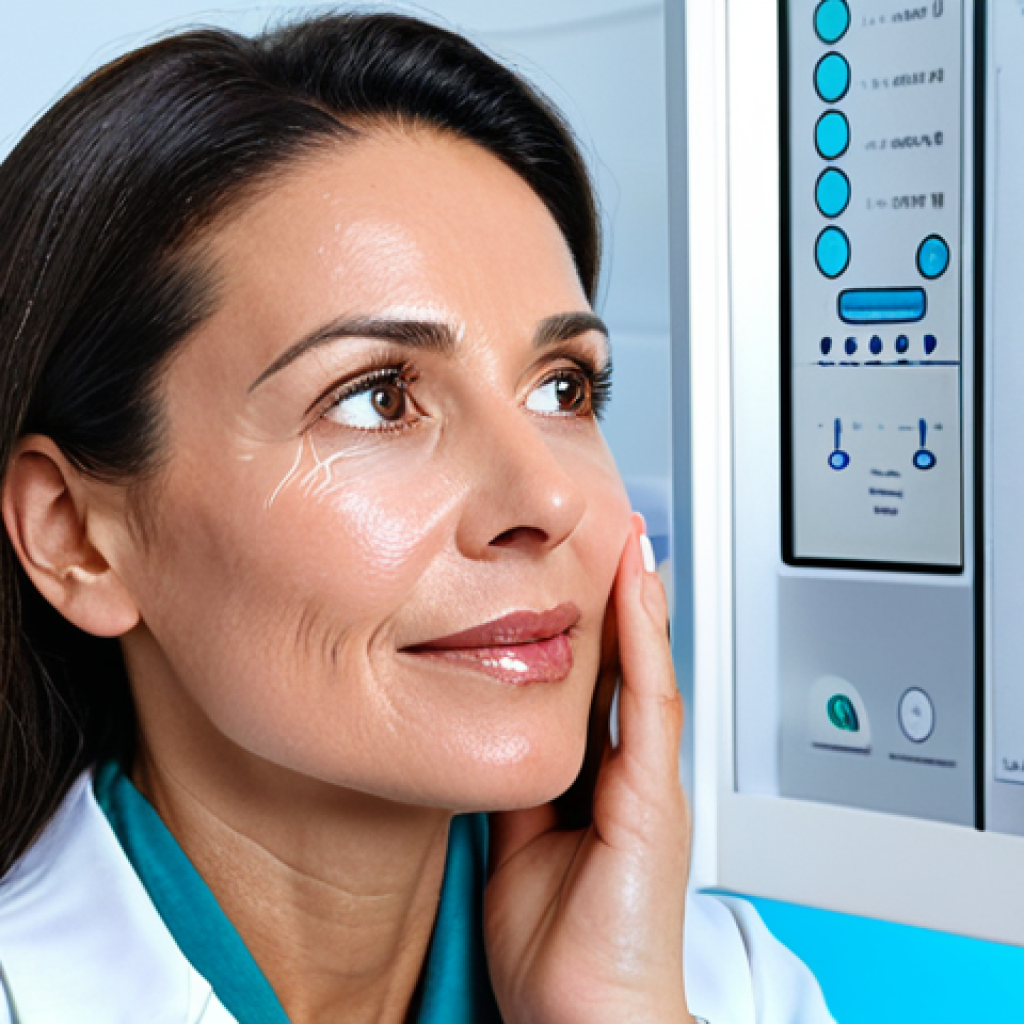 Hydration Analysis**

A woman in her late 30s, fully clothed in a professional lab coat, analyzing a skin hydration measurement device on her cheek in a brightly lit dermatology clinic. The device displays a reading. Background includes medical charts and equipment. Perfect anatomy, natural pose, appropriate content, safe for work, professional setting, modest, high resolution, well-formed hands.

**