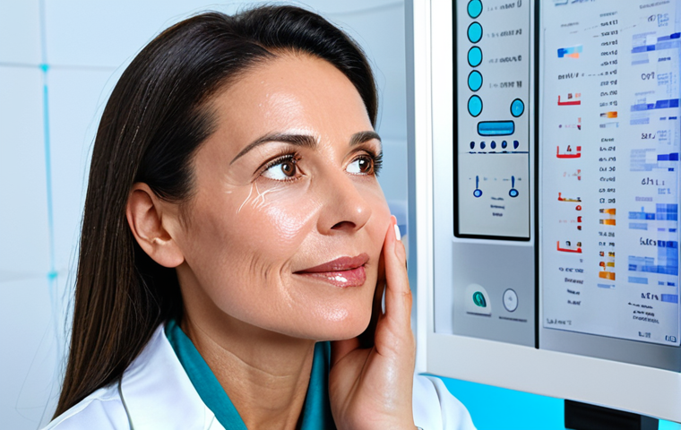 Hydration Analysis**

A woman in her late 30s, fully clothed in a professional lab coat, analyzing a skin hydration measurement device on her cheek in a brightly lit dermatology clinic. The device displays a reading. Background includes medical charts and equipment. Perfect anatomy, natural pose, appropriate content, safe for work, professional setting, modest, high resolution, well-formed hands.

**