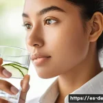 피부과 자가 관리법 - **Prompt:** A young adult woman, gracefully holding a glass of water infused with lemon and cucumber...