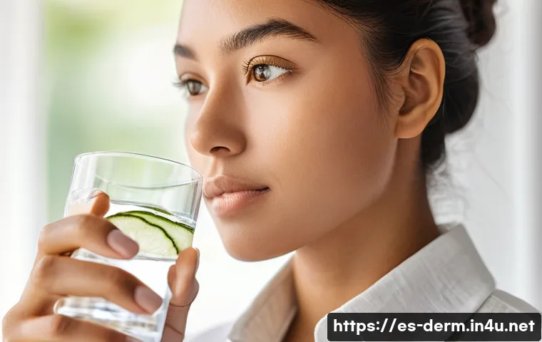 피부과 자가 관리법 - **Prompt:** A young adult woman, gracefully holding a glass of water infused with lemon and cucumber...