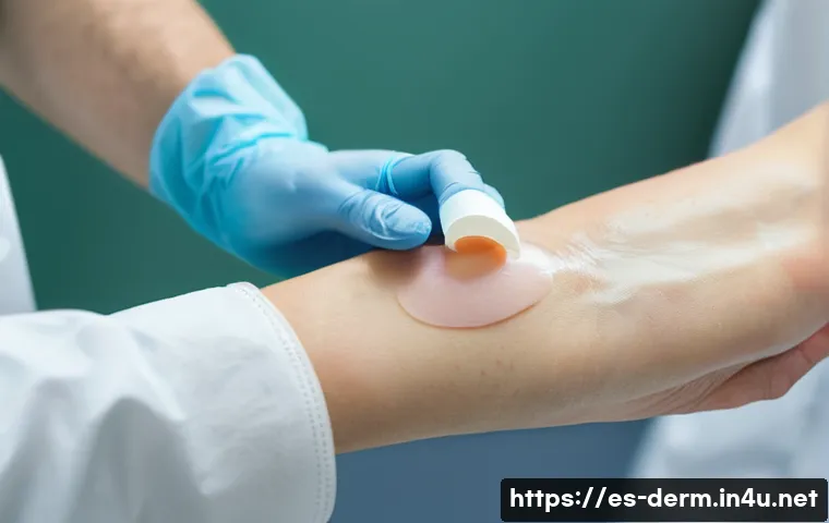 피부과 상처 치유 연고 - A detailed close-up of a healthcare professional gently applying a thin layer of a light cream ointm...