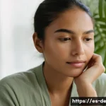 얼굴 홍조 완화 방법 - A serene young woman with light olive skin sitting calmly indoors, wearing a soft cotton blouse and ...