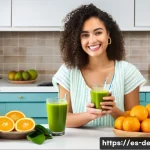 피부 미백에 좋은 음식 - A vibrant, sunlit kitchen scene featuring a young Hispanic woman preparing a fresh breakfast smoothi...