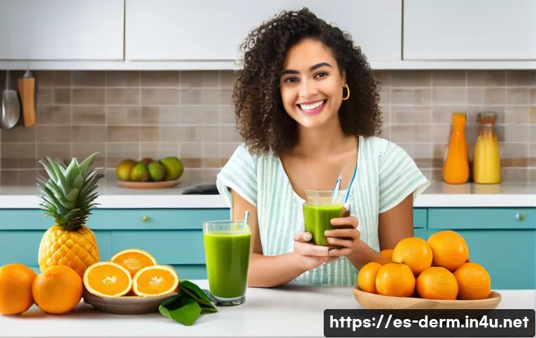 피부 미백에 좋은 음식 - A vibrant, sunlit kitchen scene featuring a young Hispanic woman preparing a fresh breakfast smoothi...