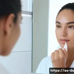 여드름 전용 스킨케어 추천 - A close-up portrait of a young Hispanic woman with clear, glowing skin applying a lightweight, non-c...