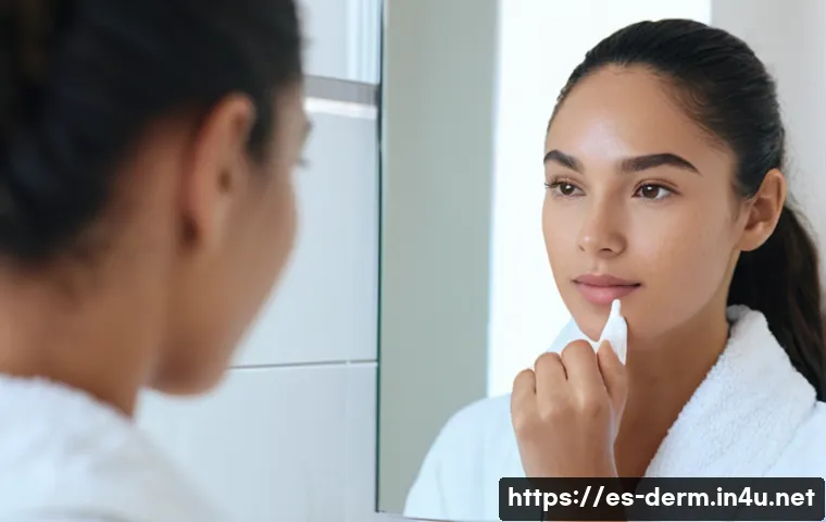 여드름 전용 스킨케어 추천 - A close-up portrait of a young Hispanic woman with clear, glowing skin applying a lightweight, non-c...