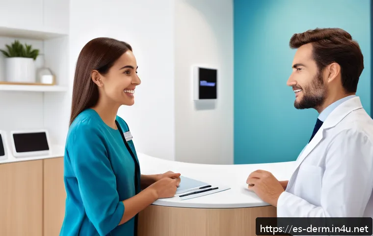 피부과 비용 분석 - A modern private dermatology clinic reception in Madrid, Spain, showcasing a diverse group of patien...