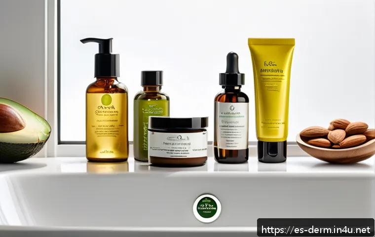 피부 장벽 개선 성분 - A serene skincare scene showcasing a variety of natural skincare products emphasizing essential fatt...