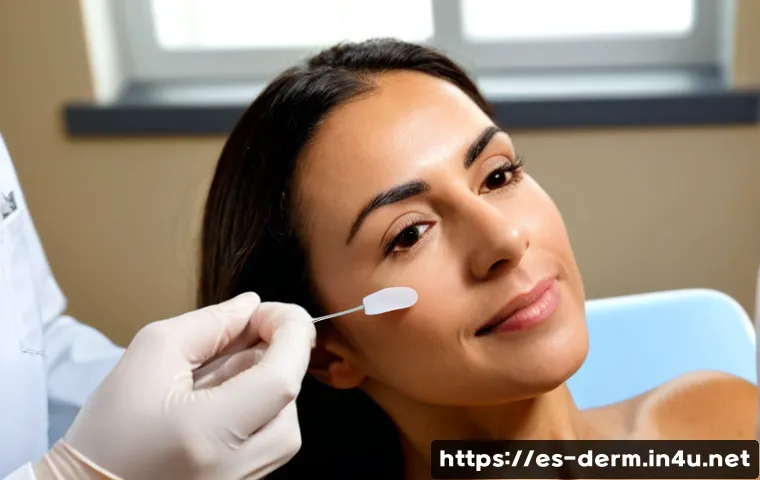점빼기 부작용 예방 - Photorealistic close-up of a Spanish-speaking adult patient in a bright modern dermatology clinic, g...