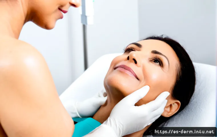 피부 리프팅 시술 종류 - Photorealistic close-up of a middle-aged Hispanic woman receiving a non-invasive radiofrequency faci...